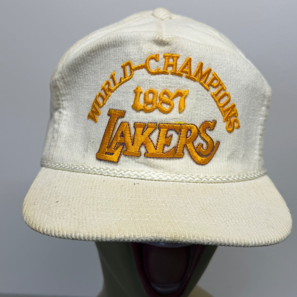 Vtg 1987 Los‎ Angeles Lakers World Champions Corduroy Snapback Hat AmaPro Cream